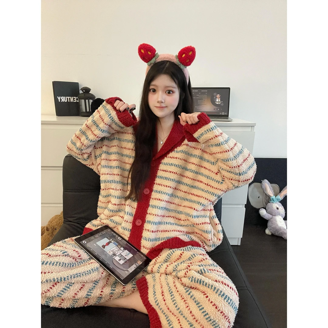 甜美撞色条纹半边绒睡衣女冬季新款加厚针织保暖家居服可外穿套装
