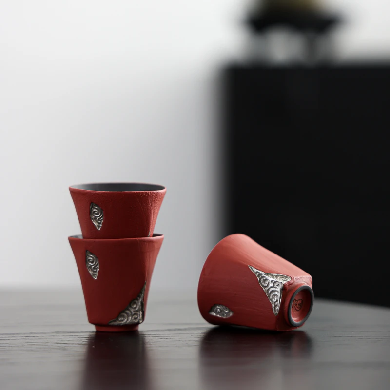 尘造复古半手工粉引红祥云瑞彩鎏银宽口杯个人专用品茗杯