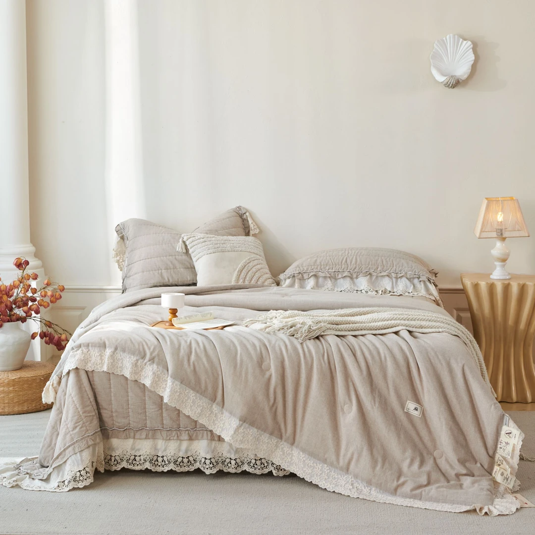 舒适麻·棉麻数码印花蕾丝花边 懒人被可机洗