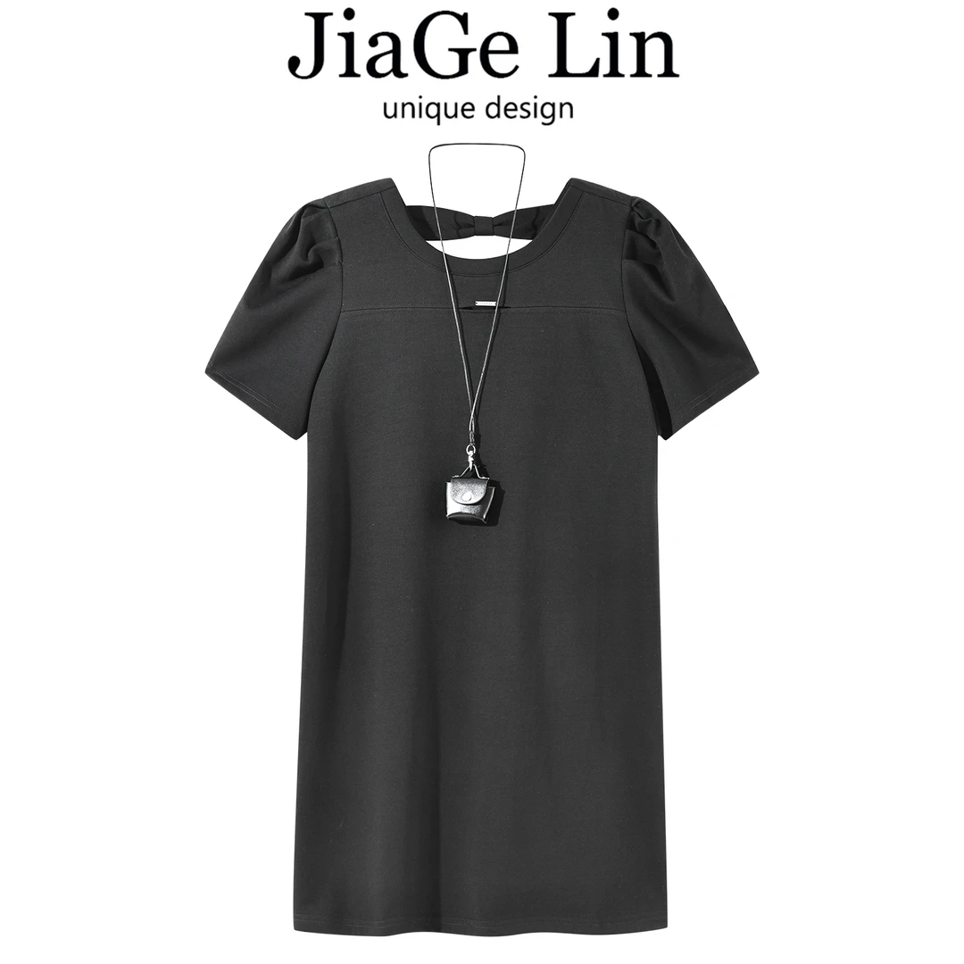 JiaGeLin韩系设计感圆领短袖连衣裙配小包女士夏季时尚百搭T恤裙