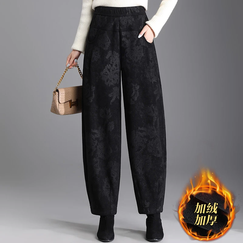 羊毛呢加绒花苞裤女2025年秋冬新款宽松阔腿休闲萝卜裤垂感裤子