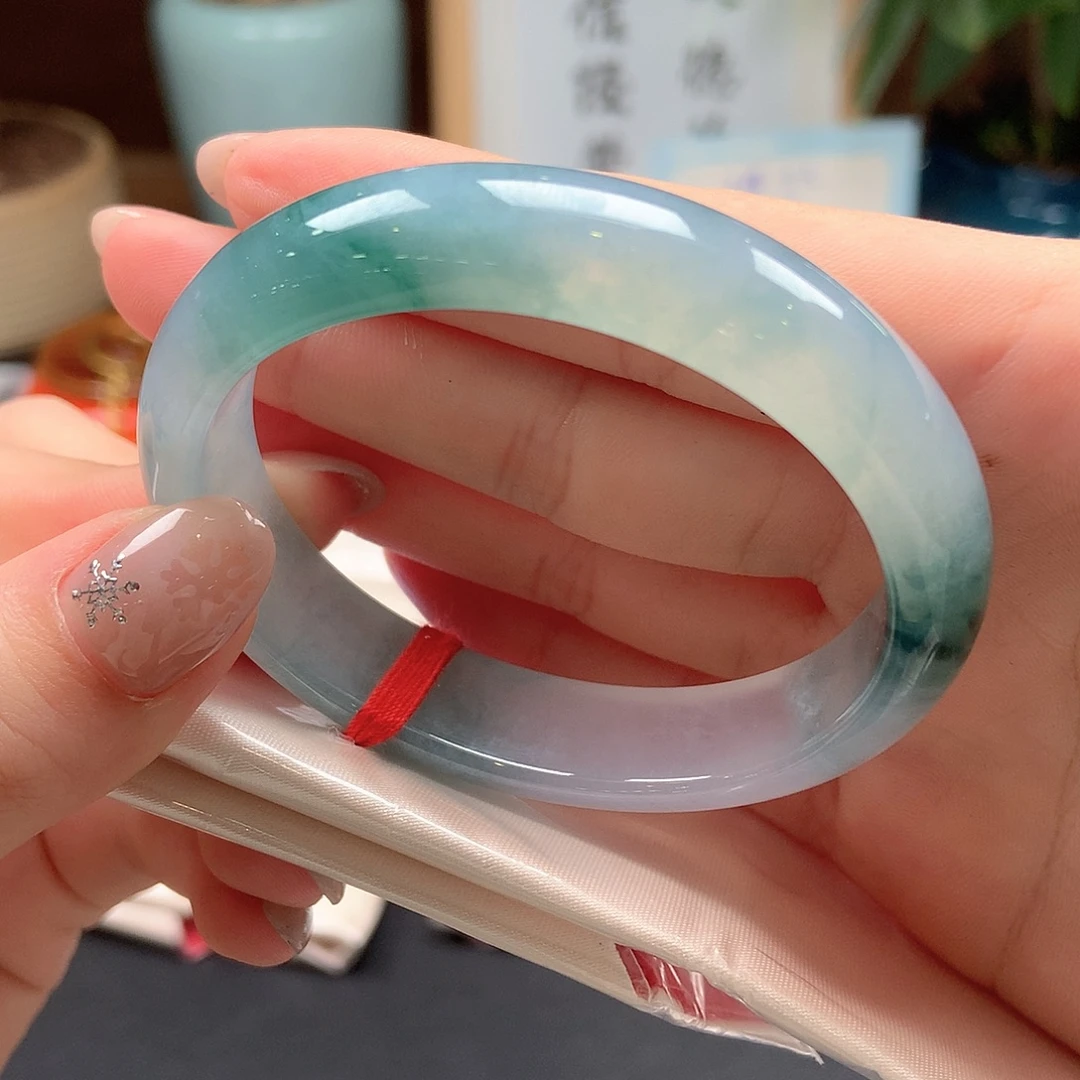 翡翠未镶嵌手镯冰润意境蓝花67号