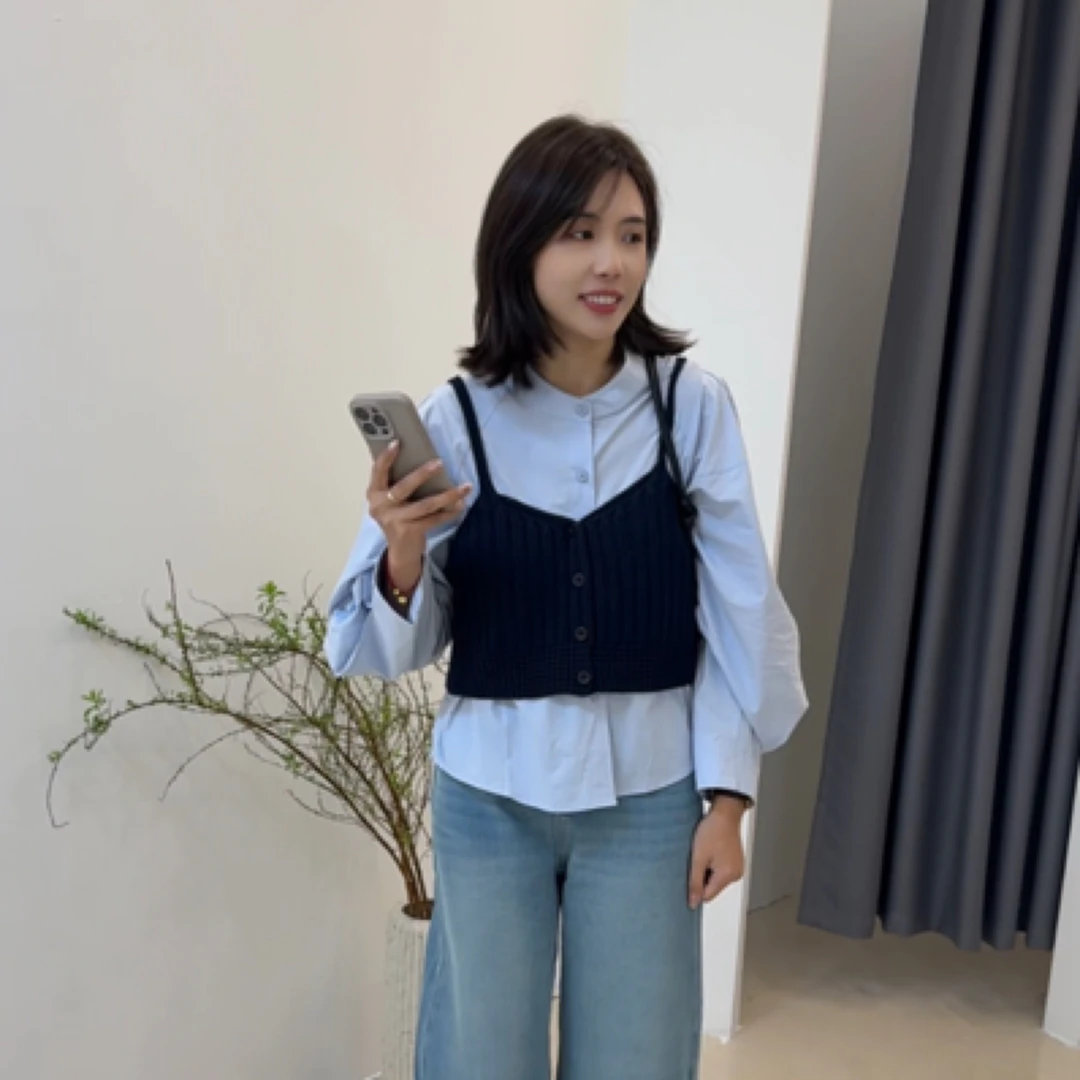 插肩袖衬衫圆领长袖常规两件针织春季设计感衬衣韩版秋季