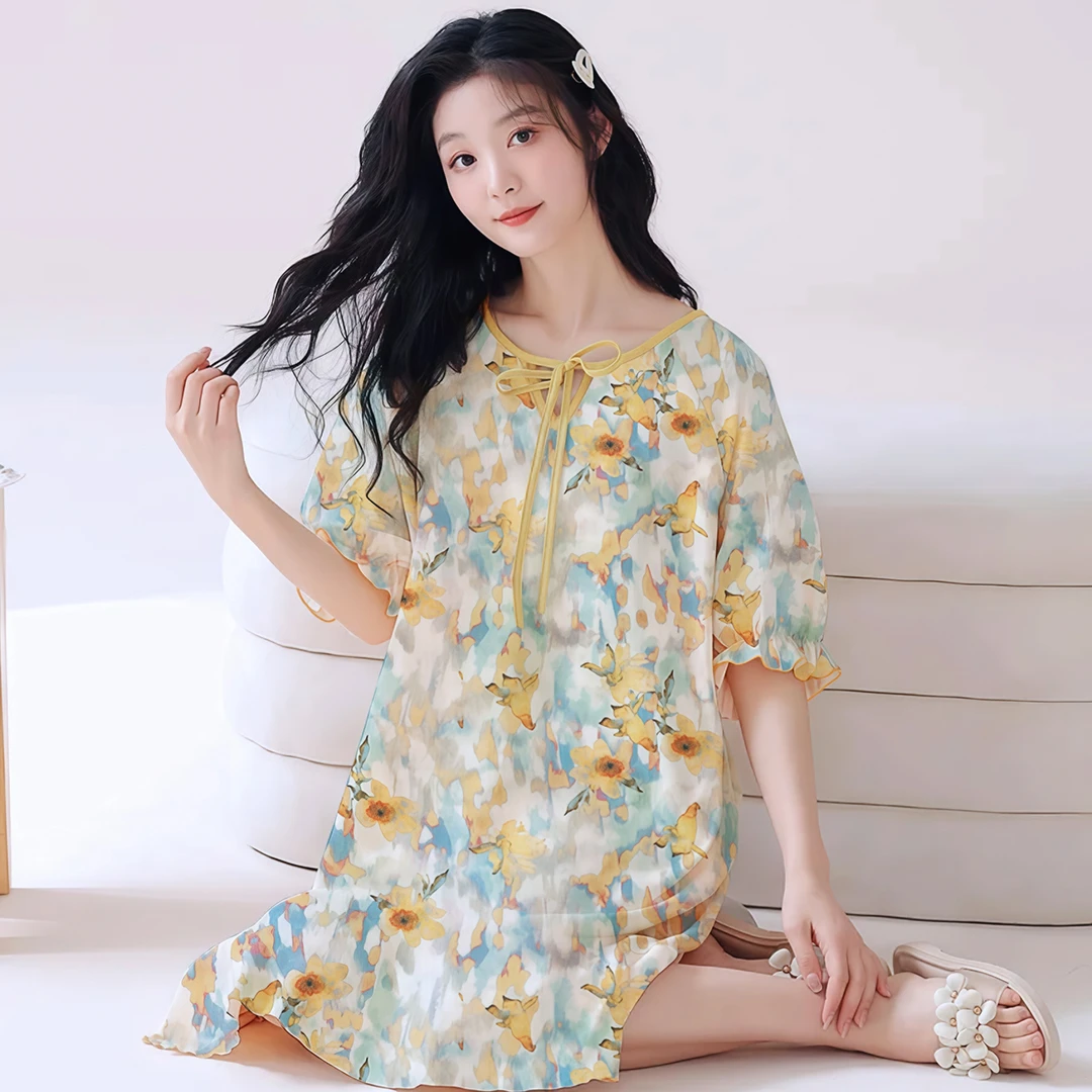 【油画花语睡裙】2025夏季新款弹力舒肤棉+浪漫花语简约宽松家居裙