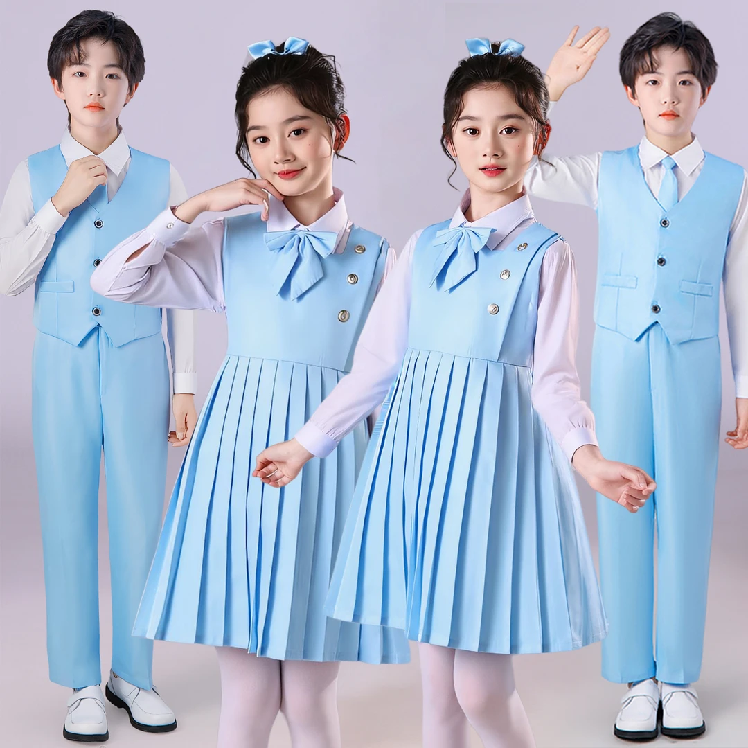 儿童朗诵演出服女童小学生爱国主题合唱诗歌蓝色演讲比赛毕业礼服