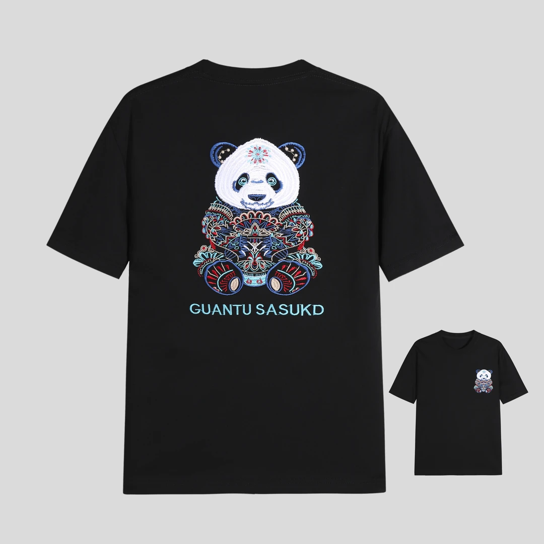 【花1】经典春夏季百搭短袖国风熊猫佛爷刺绣T恤 y319