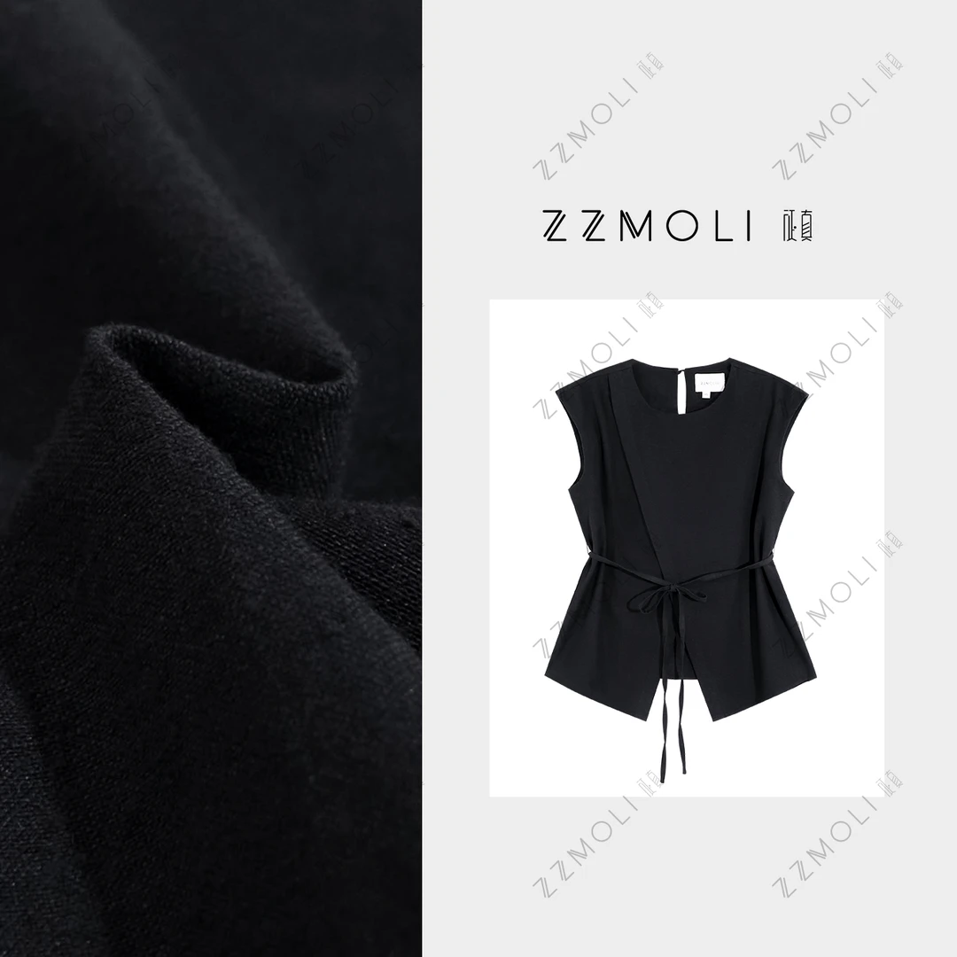 ZZMOLI小众设计感汉麻精致遮肚子黑色系带宽松开叉背心女ZBY82054