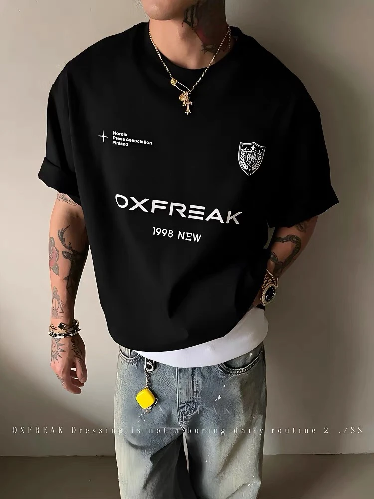 夏季新款 「印花 足球元素」纯棉重磅短袖t恤男宽松美式情侣装半袖