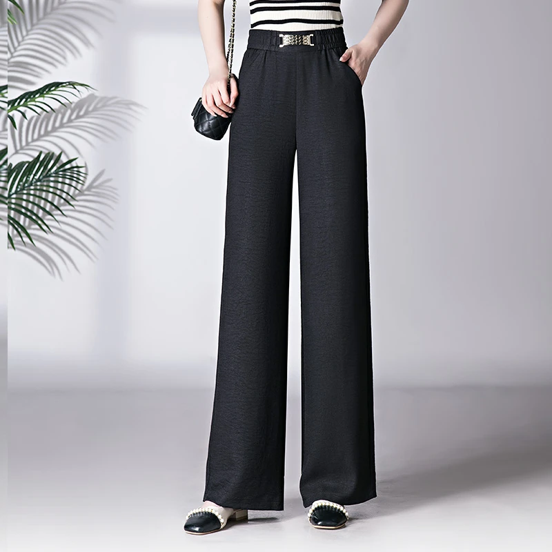 正品哥l第高腰冰丝阔腿裤女25夏季垂感显瘦松紧腰百搭窄版休闲裤l