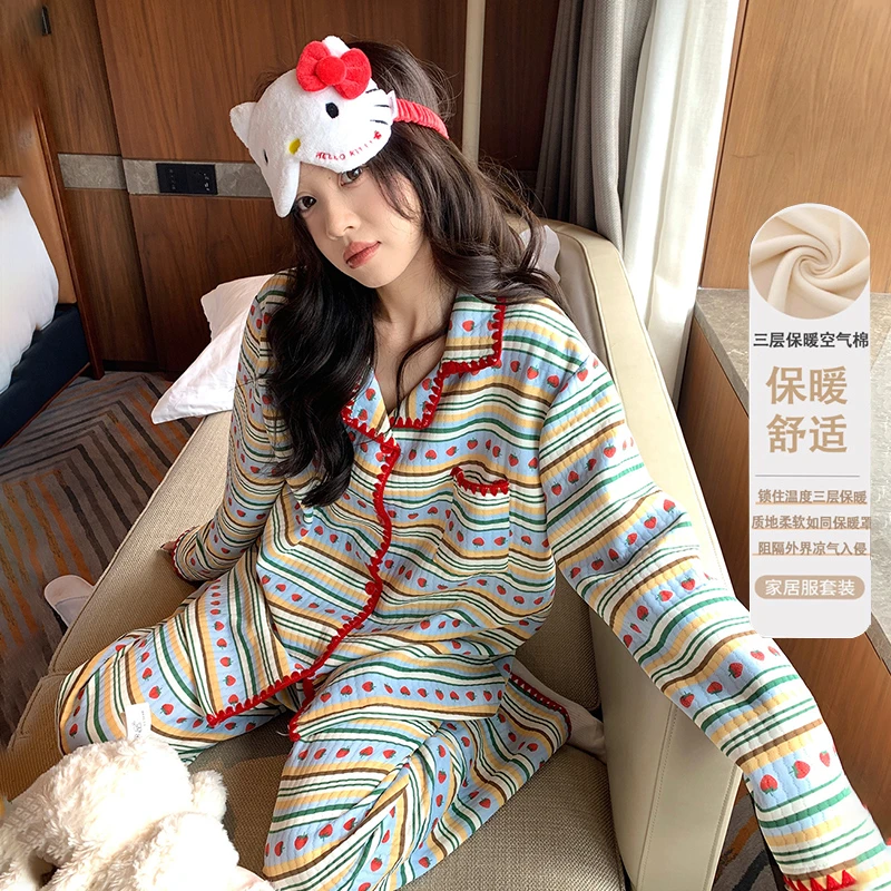 2025新款睡衣女秋冬季长袖空气棉夹层加厚保暖两件套装外穿家居服