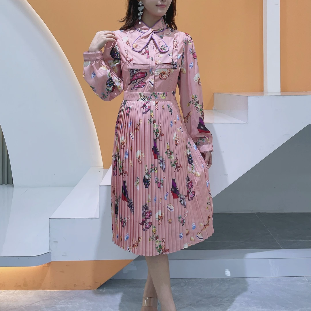 ［依易原创］精致减龄丝巾领金丝百褶收腰连衣裙A0405