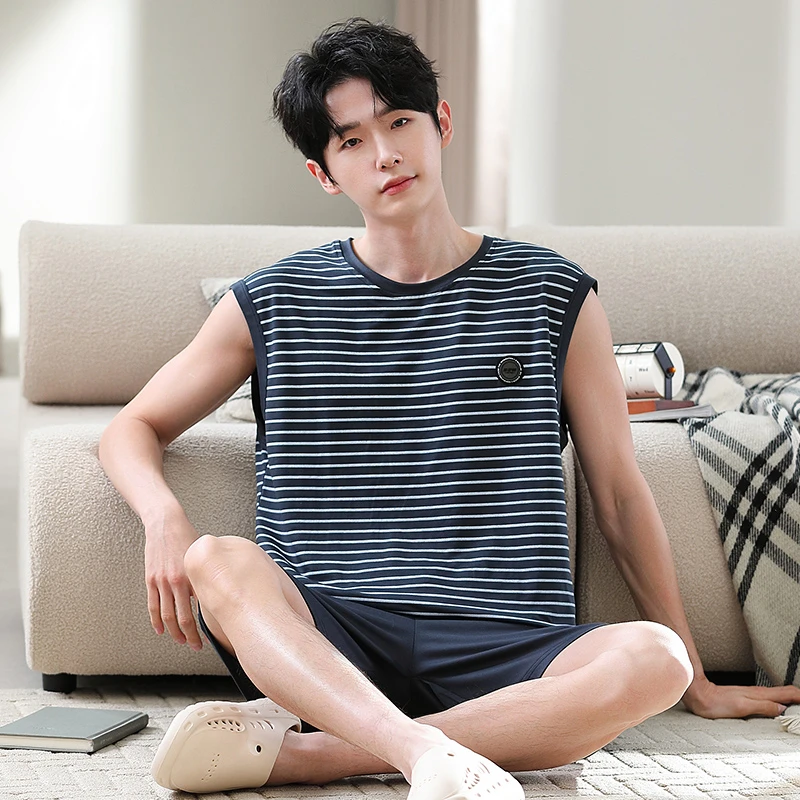 夏天薄款家居服套装夏季加大条纹无袖睡衣短裤速干