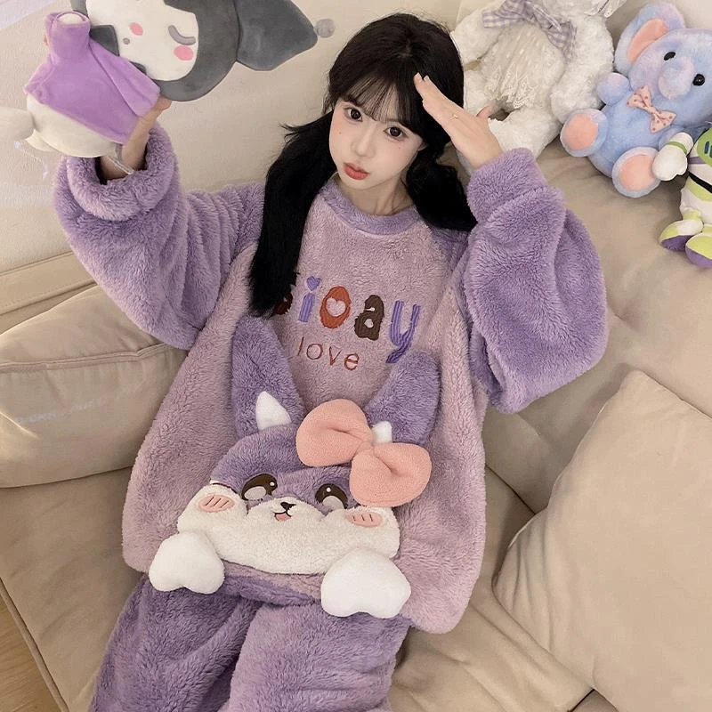 珊瑚绒睡衣女秋冬季长袖加厚绒法兰绒新款可爱卡通少女网红家居服