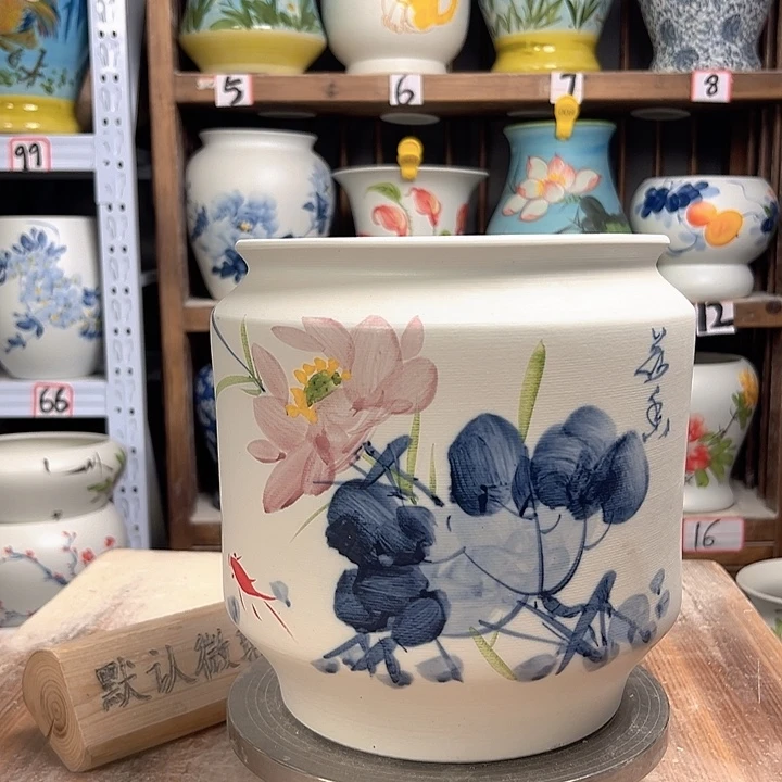 白泥电饭煲青花荷花陶瓷