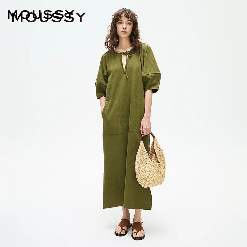 MOUSSY 2025新品慵懒风深V系带微廓半袖连衣裙028ISA80-2681