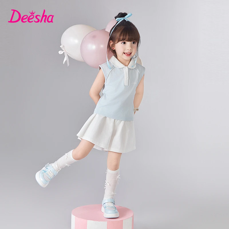 笛莎童装套装25年新款儿童洋气休闲运动翻领背心套装女童夏季