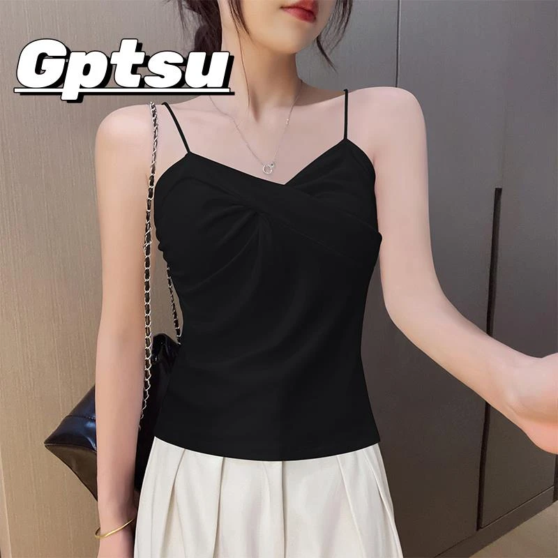 GPTSu黑色小吊带背心女内搭春夏款美背锁骨设计性感无袖打底上衣