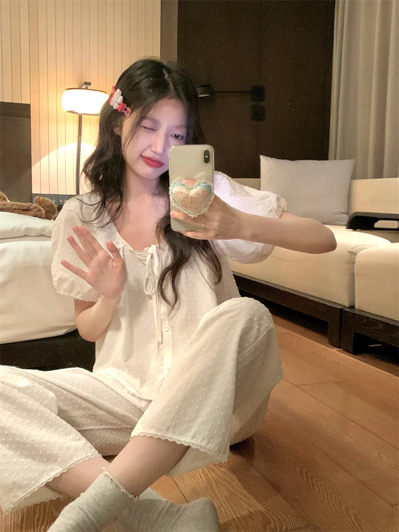 韩国ins甜美蕾丝花边纯棉睡衣女春夏季短袖长裤公主风休闲家居服