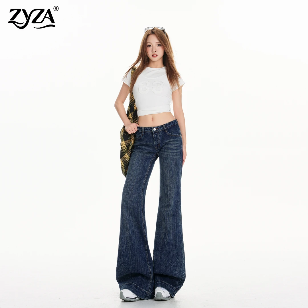 ZYZA复古低腰微喇牛仔裤女秋季辣妹显瘦弹力裤不贴腿竹节纹裤子女