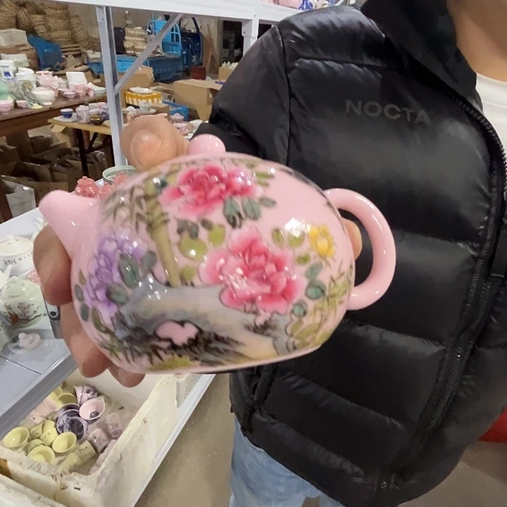 随***旅瓷片景德镇陶瓷红嘻嘻鸟语花香壶