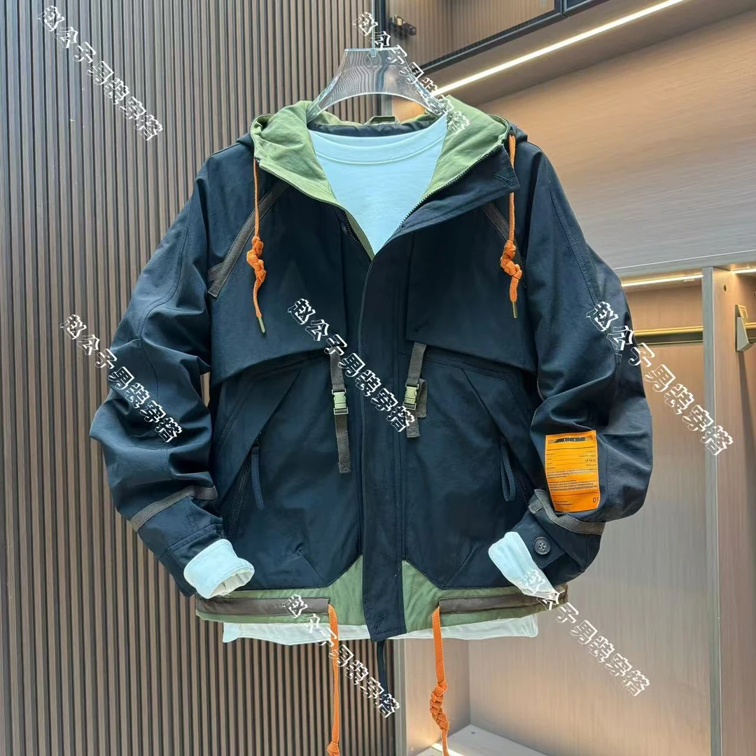 2025春季新款拼接男士潮牌连帽夹克港风休闲美式设计款时尚潮外套