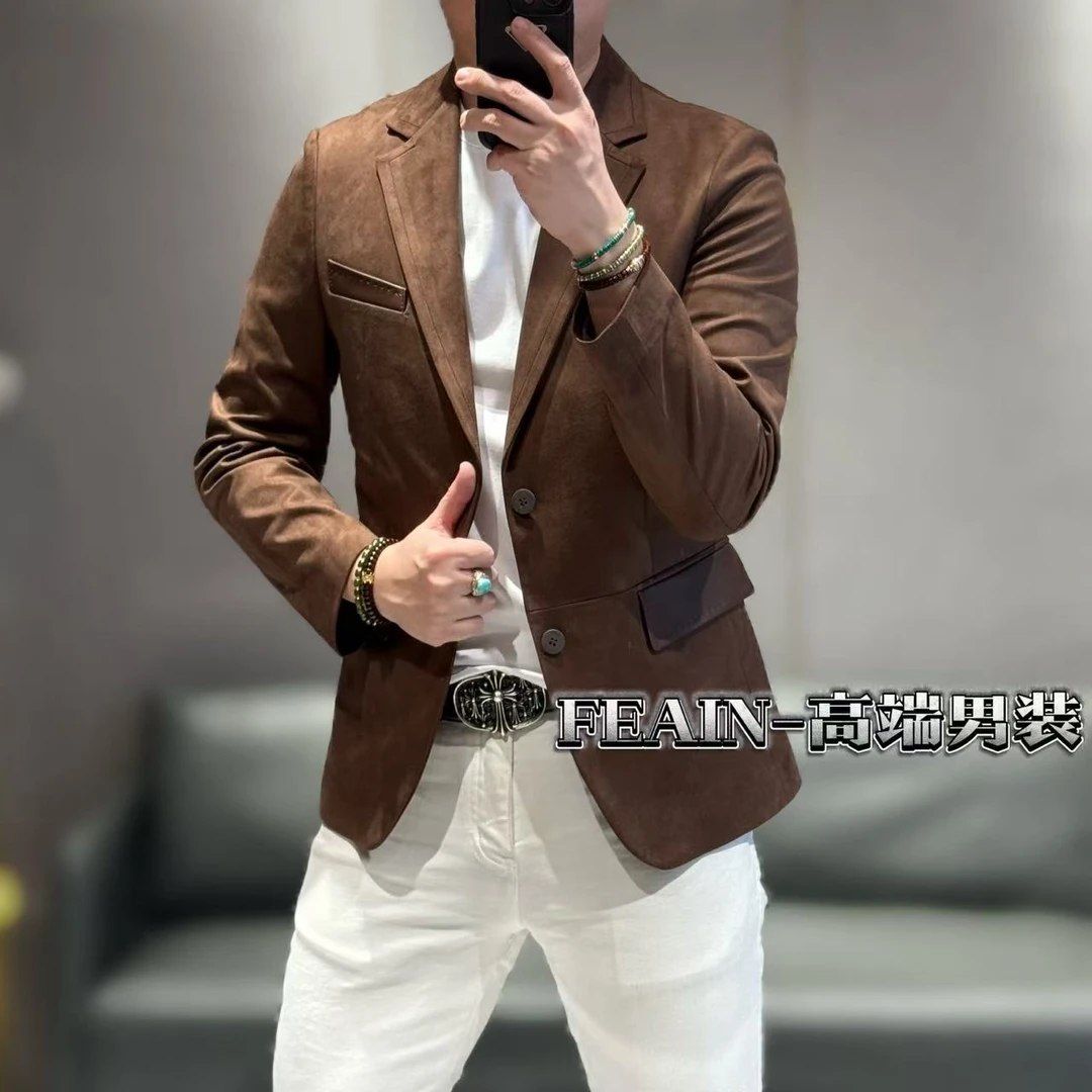 绵羊皮拼接高端翻毛绒立体修身裁剪工艺男士春款小西装5809