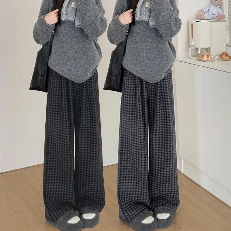 韩版复古格子直筒裤女2025春秋宽松高腰小个子显瘦遛弯阔腿拖地裤
