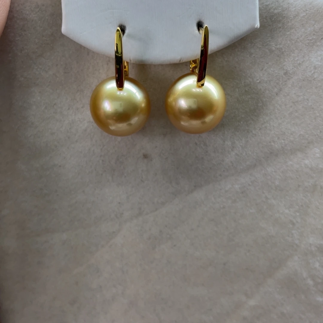 18K金镶嵌耳饰海水珍珠南洋金珠12-13m m