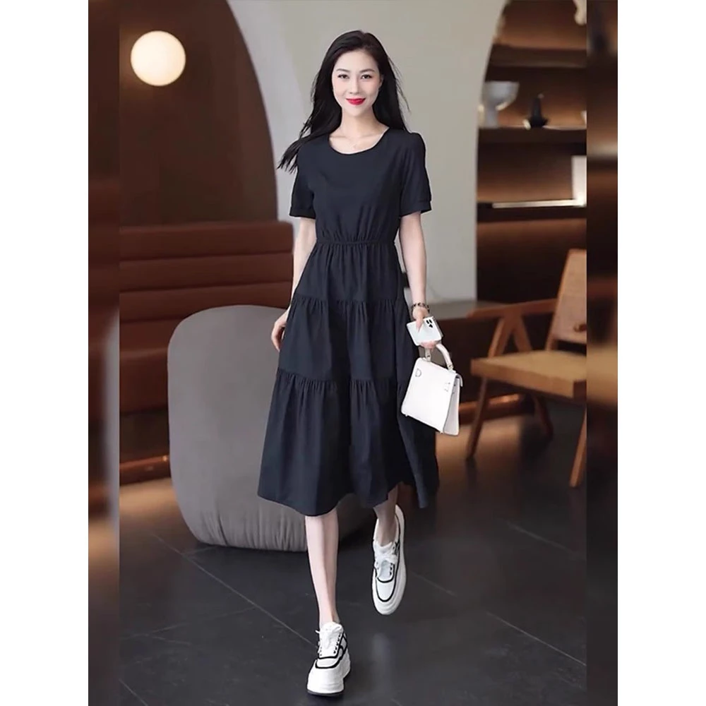黑色连衣裙女2025年夏季裙子女士高端精致短袖微胖收腰显瘦中长裙