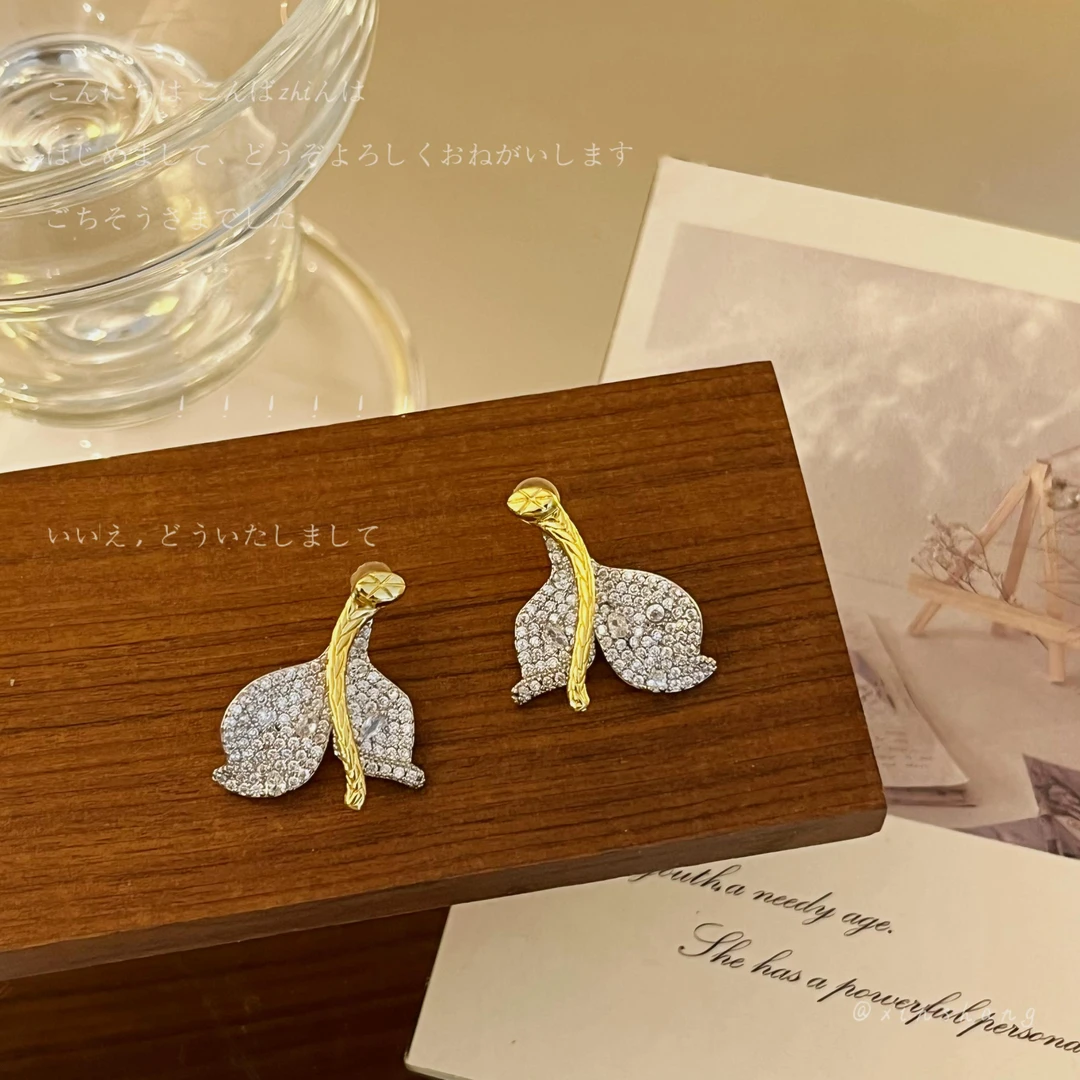 铜合金锆石耳饰 【魅惑】新款闪钻树叶耳钉两戴款耳饰百搭精致