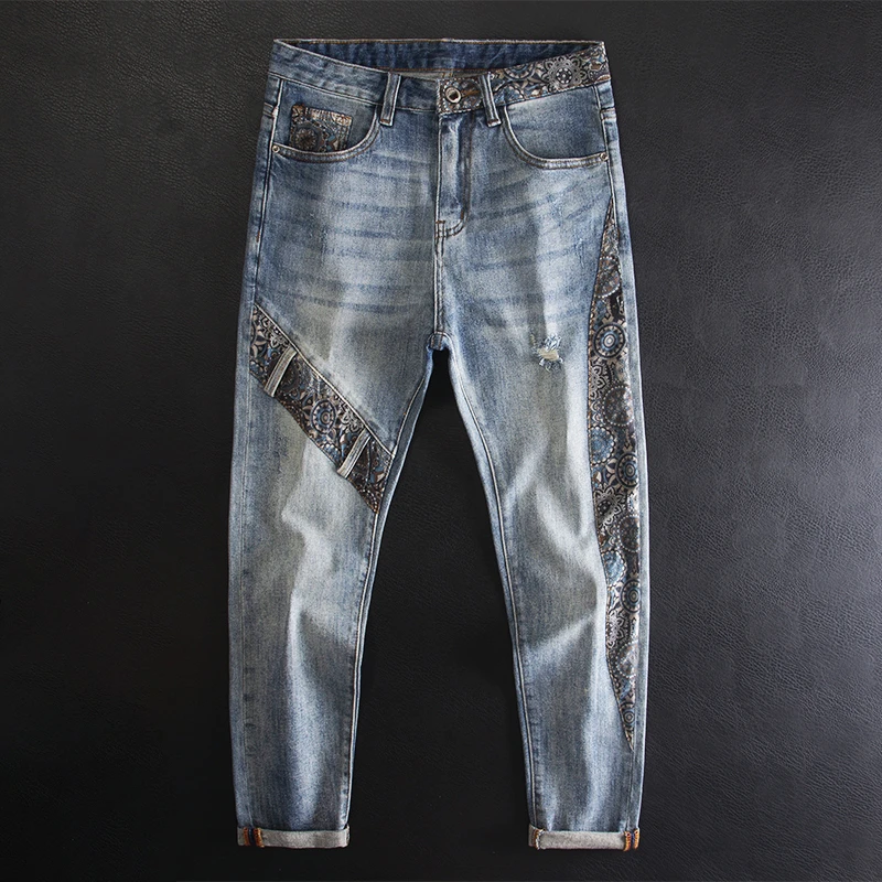 梦泡美式复古高街拼接牛仔裤男破洞时1男款黑色直筒宽松牛仔裤