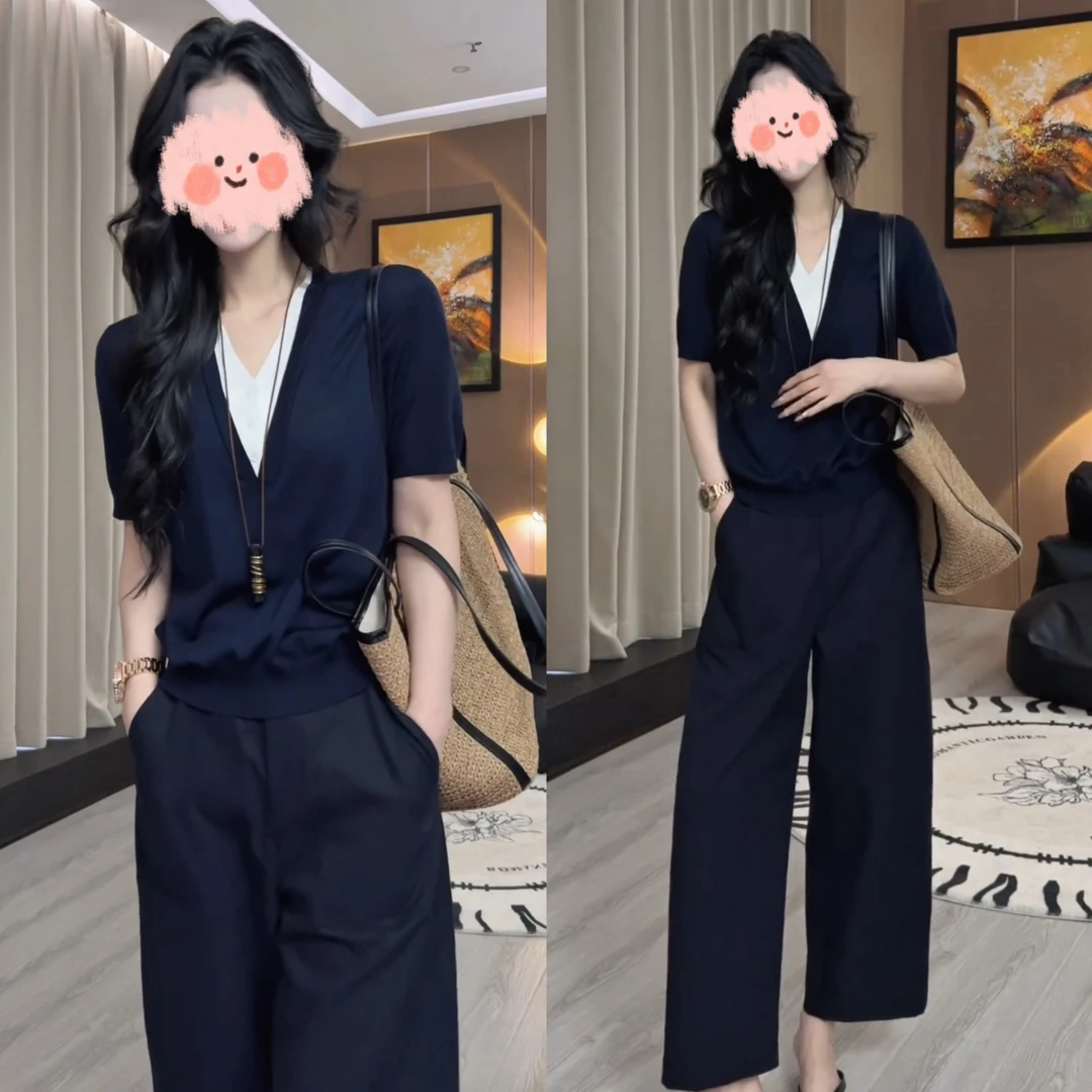 2025年夏季新款时尚假两件短袖上衣百搭显瘦宽松阔腿九分裤两件套