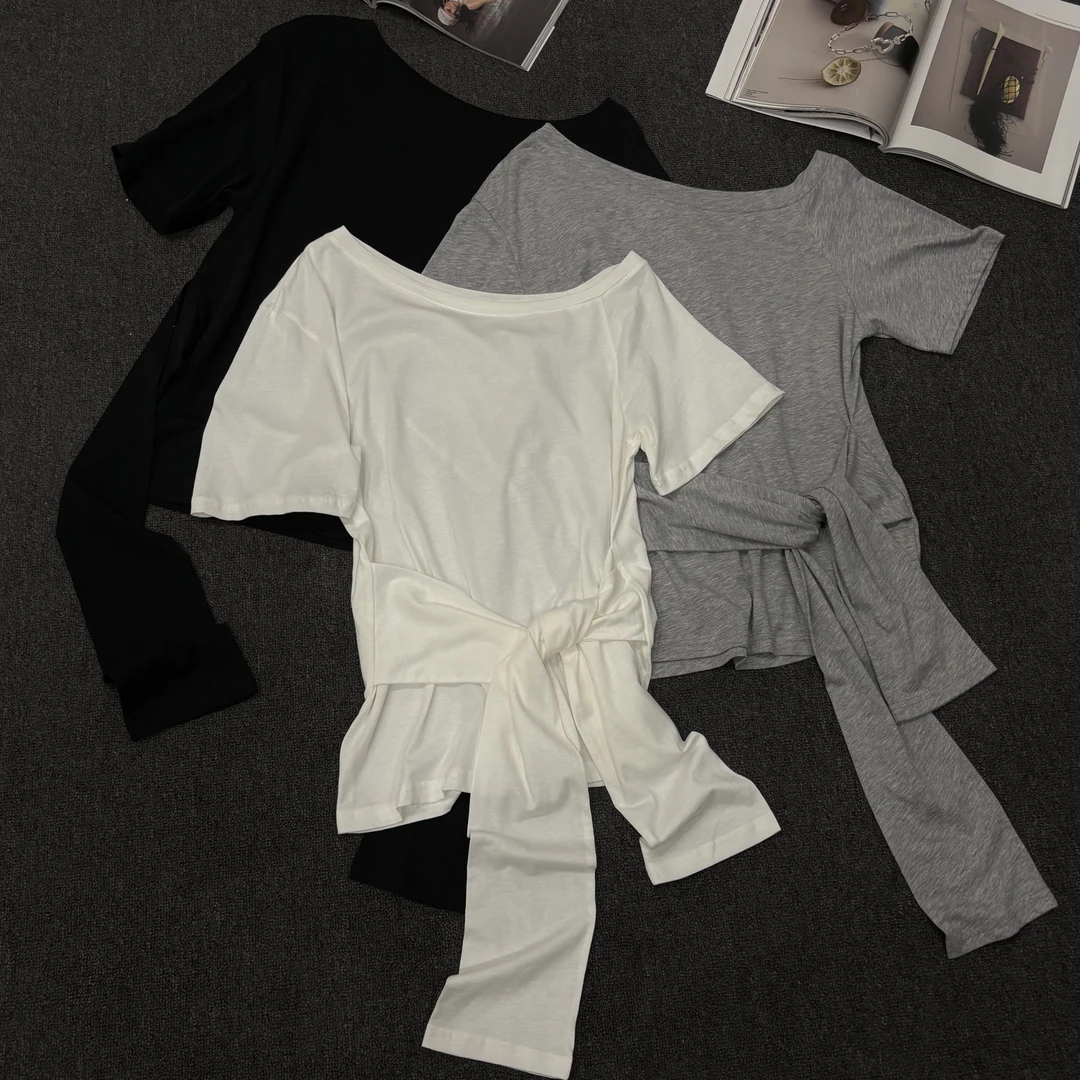 【塔鹿蕾】25年新品夏季小众腰间系带斜肩修身短袖体恤X006