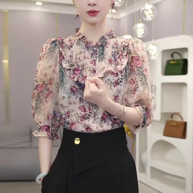 法式碎花衬衫女士夏季新款时尚宽松大码洋气高端漂亮别致小衫上衣