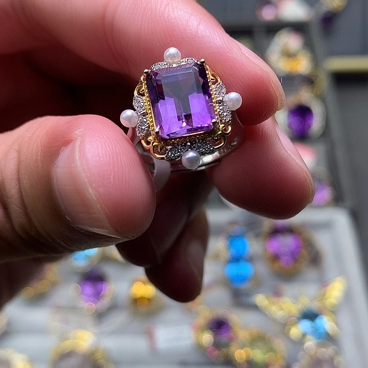 银S925镀金镶嵌水晶戒指