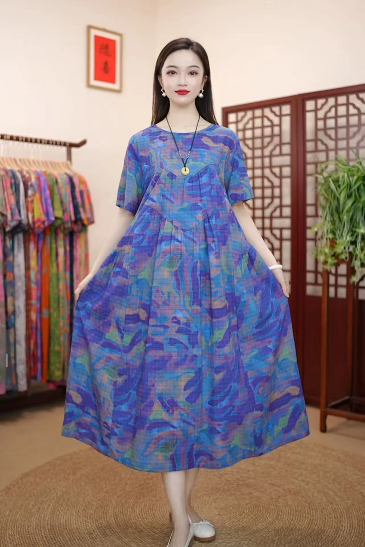 [璀璨]夏季新款高级气质棉麻柔软遮肚宽松显瘦连衣裙子妈妈装