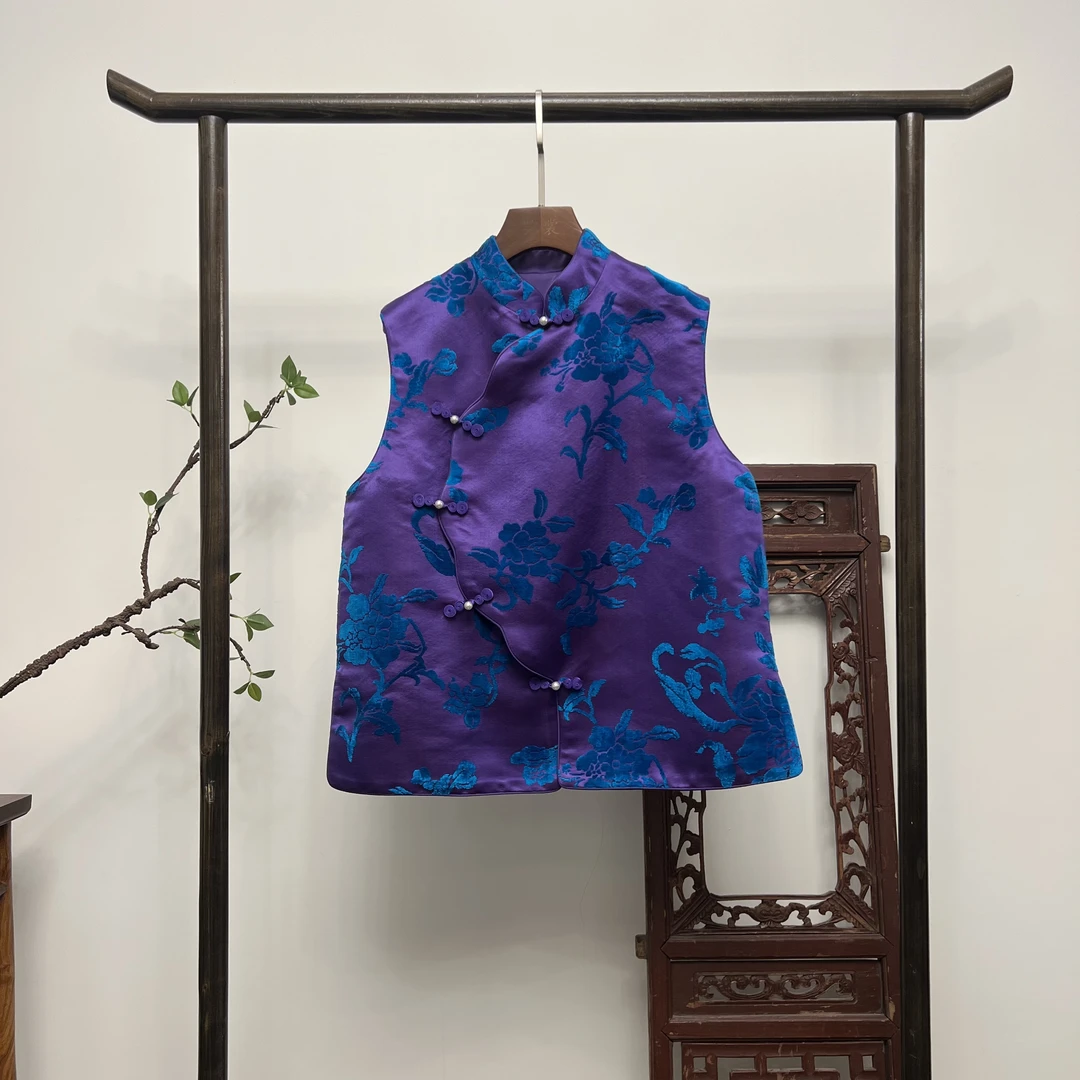 【九紫缠莲】非遗全熟丝漳绒缎马夹新中式桑蚕丝坎肩M40147