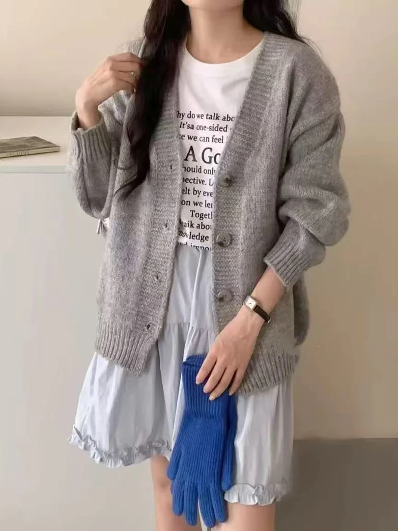 499  针织开衫女早秋季韩系慵懒风长袖宽松毛衣外套上衣H4 H5