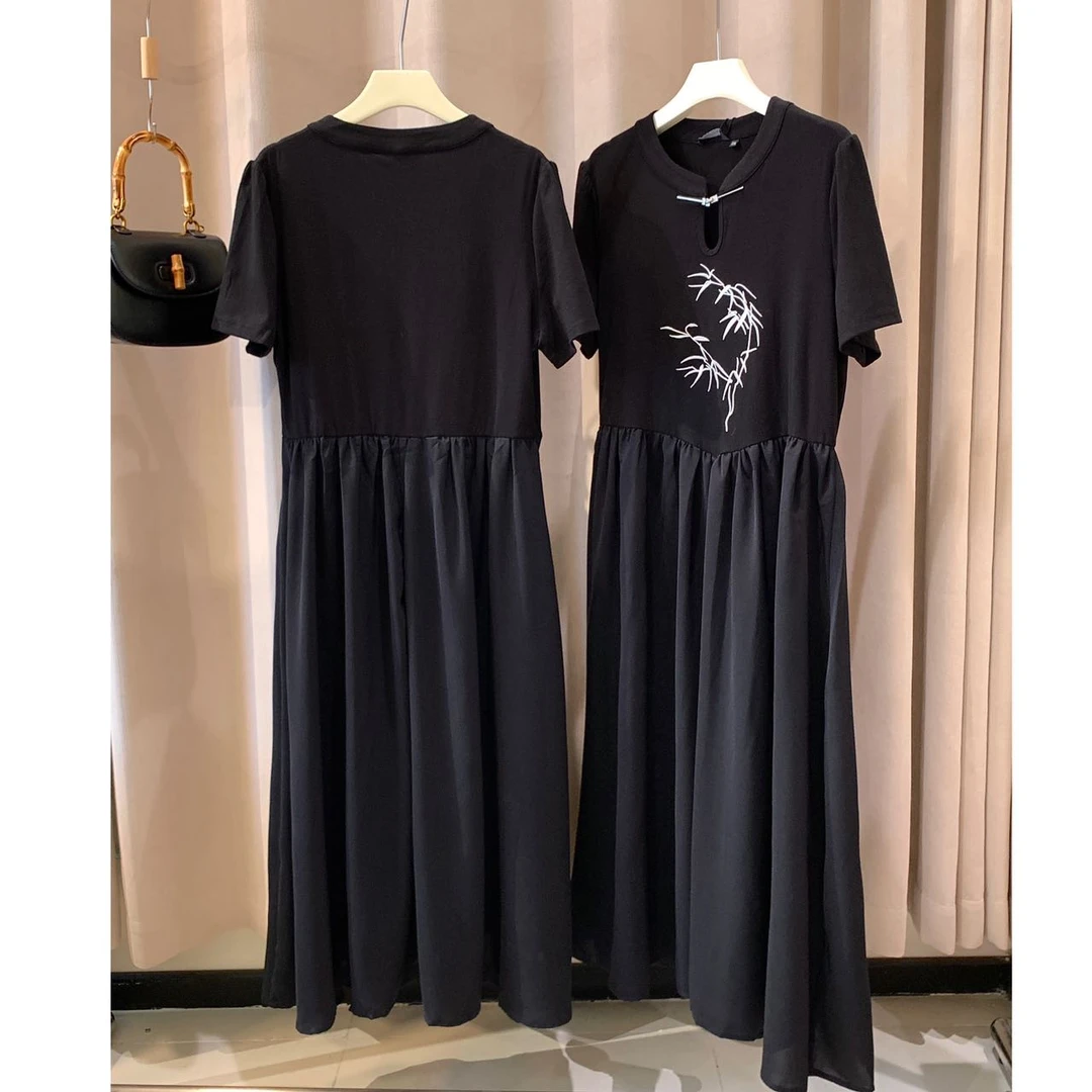 Q78新中式改良连衣裙女短袖夏季新款收腰显瘦a字国风刺绣大摆长裙