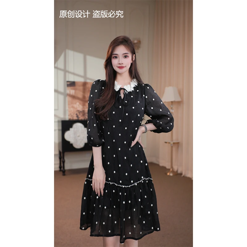 宁宁·爱乐之城·春夏款黑色波点绑带法式气质女装连衣裙-90763