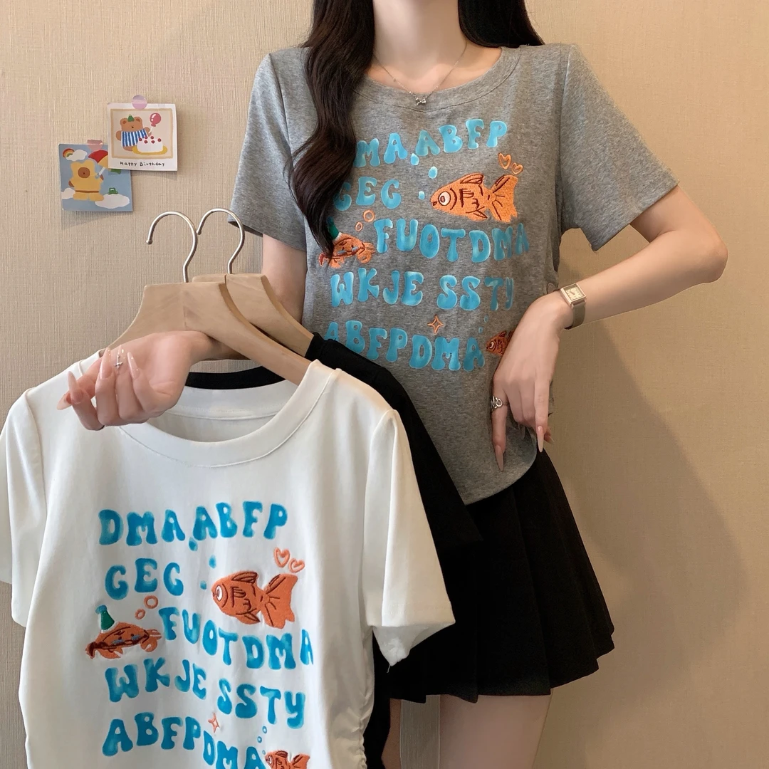 大码女装夏季新款设计感字母小鱼印花短袖T恤上衣3330