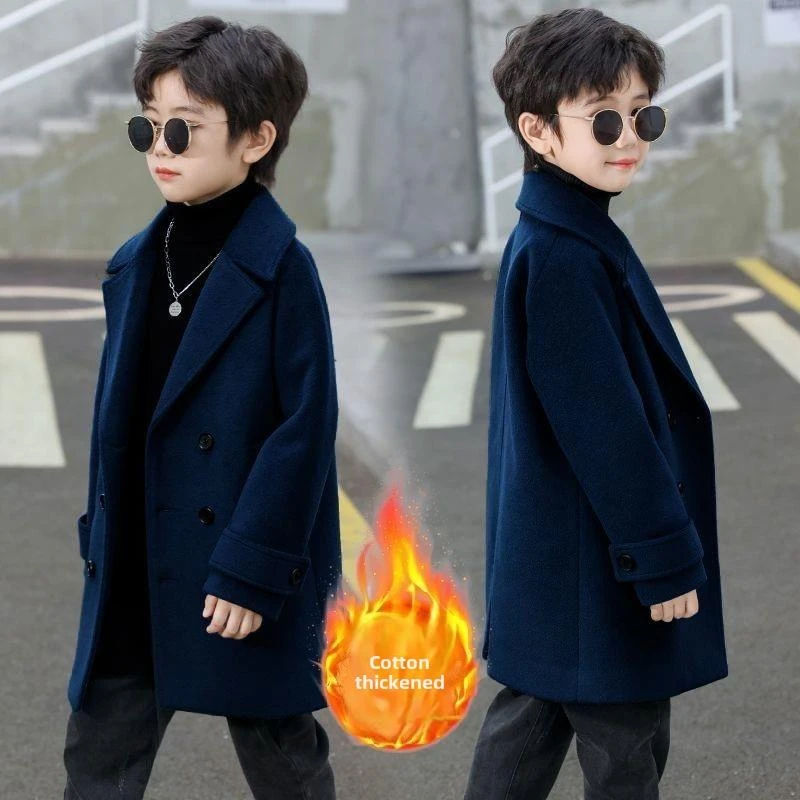 撤柜男童韩版加厚呢子大衣儿童秋冬季新款双排扣中长款毛呢大风衣
