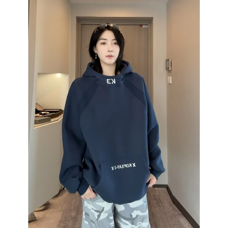 港式2-300斤大码字母刺绣连帽外套早秋男女新款重磅潮酷套头卫衣