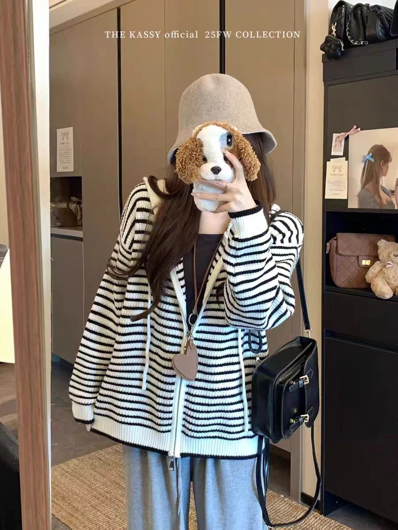 【原单高克重】抽绳连帽条纹针织开衫女秋季韩版宽松毛衣外套