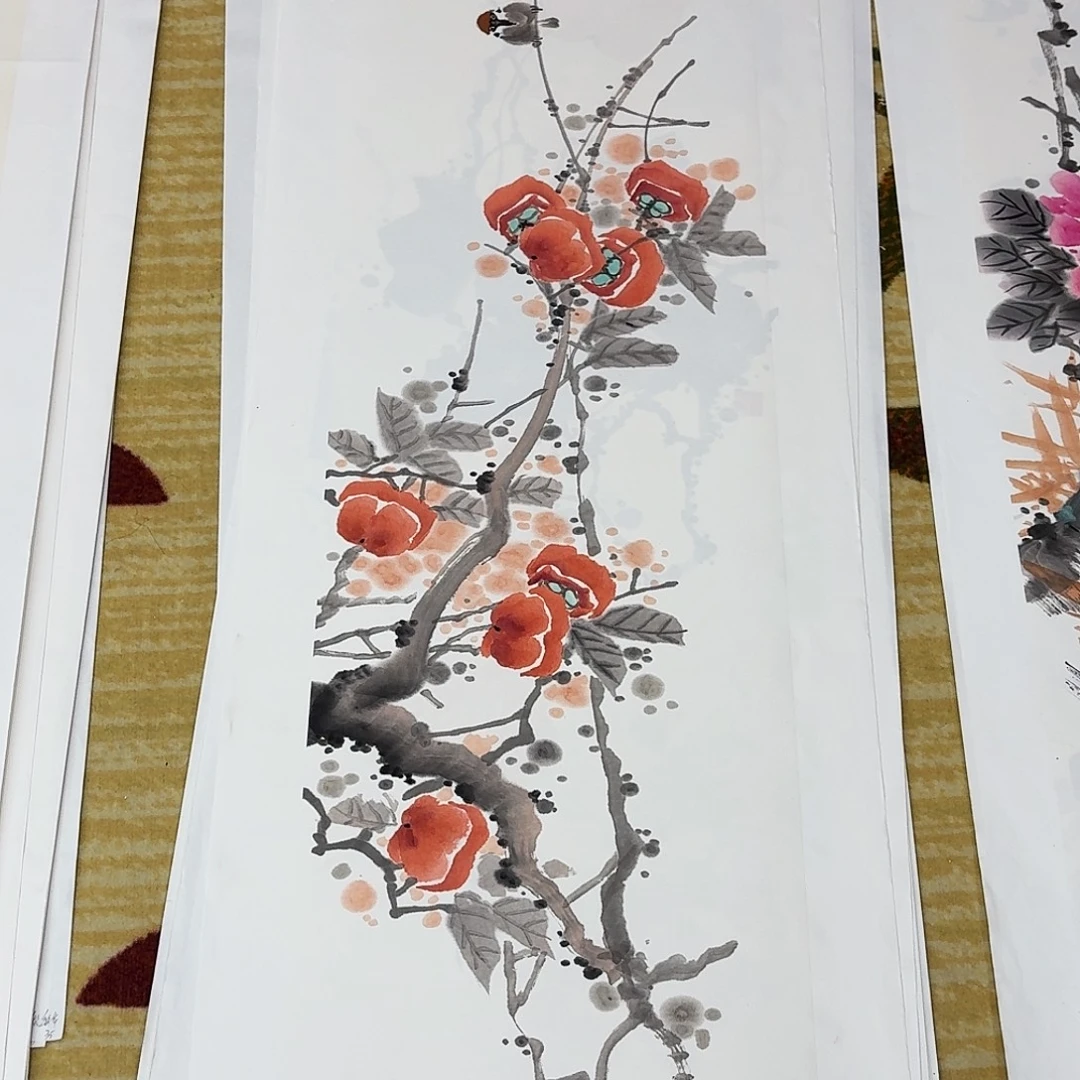 国画四尺对开花鸟