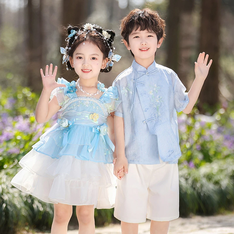 戴维【断码】儿童汉服男童中国风古装女童六一演出服宝宝夏薄款古风