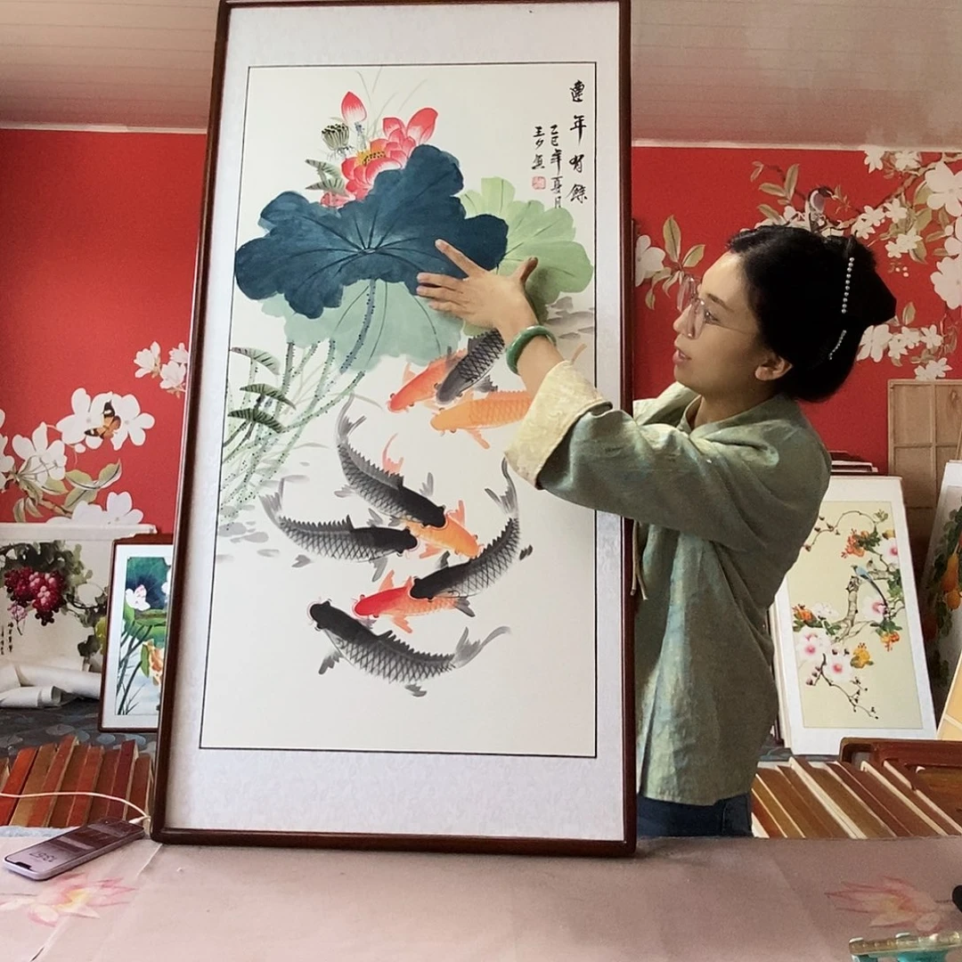 国画手写手绘国画作品带框包邮62✖️122