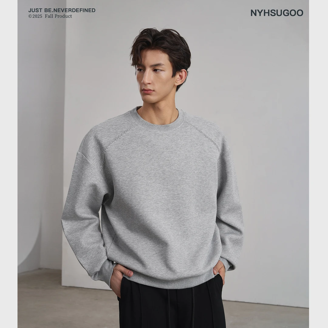 NYHSUGOO/南乙320G重磅精梳棉混纺纯色卫衣男贝壳绣3870圆领长袖
