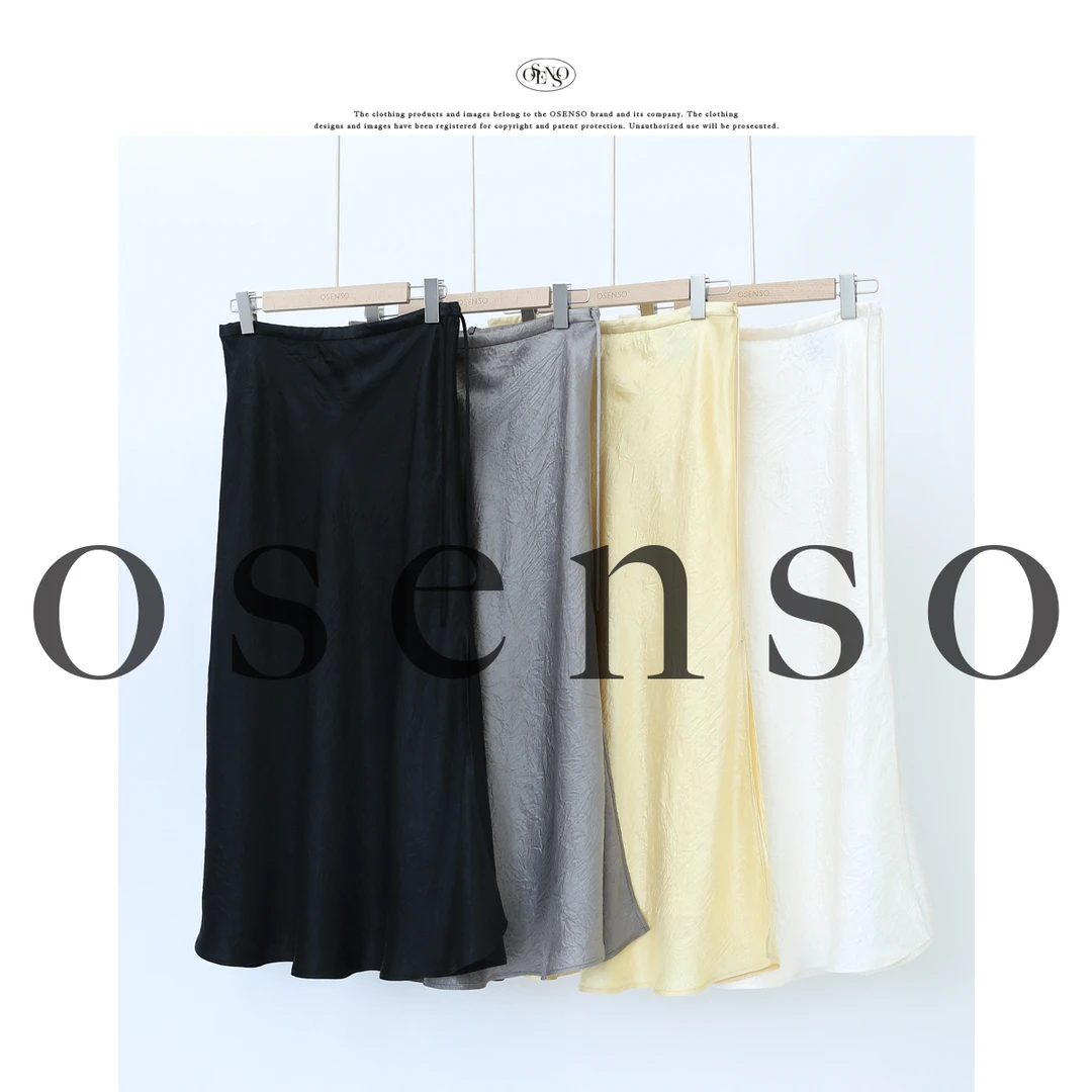 OSENSO"流光曲线"气质时尚褶皱抽绳醋酸百搭开叉半裙QZ250232