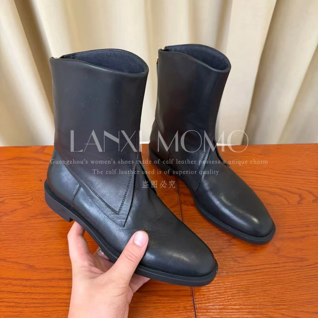 【若希】时尚百搭黑色真皮粗跟英伦风复古短靴24XZ664LX